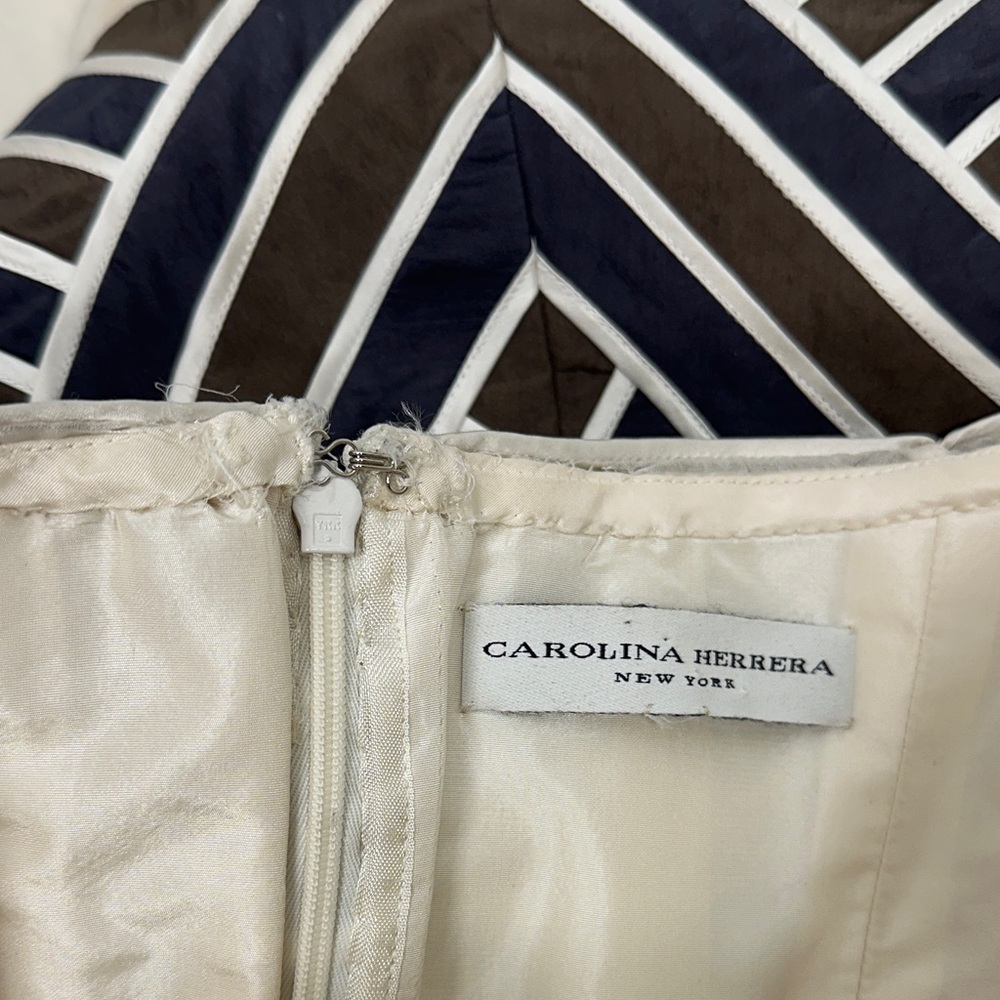 Carolina Herrera Dress Strapless Midi Silk Striped Brown Cream Size Large * - Picture 7 of 8